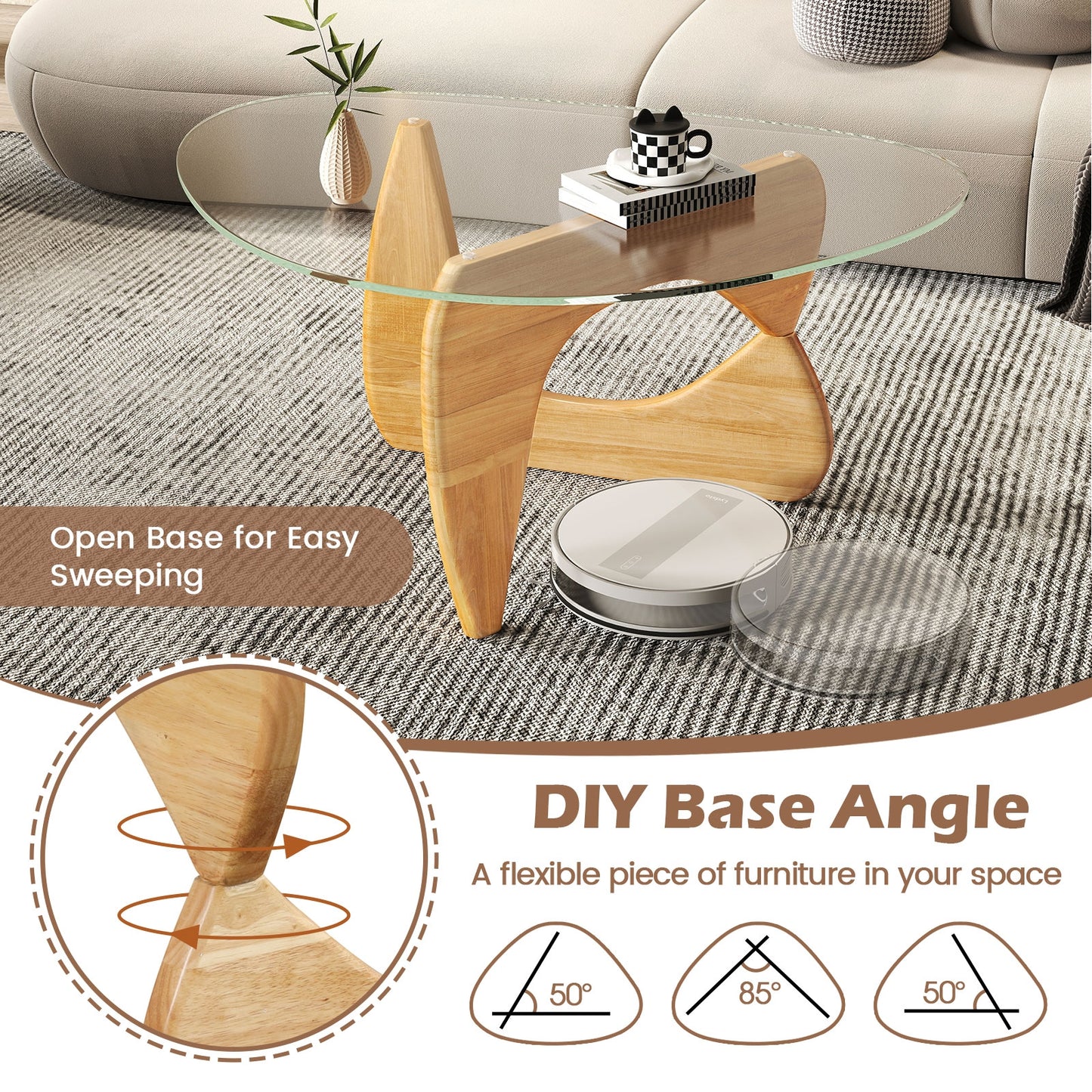 Triangle Coffee Table with Tempered Glass Top and Adjustable Rubber Wood Base, Natural Coffee Tables at Gallery Canada