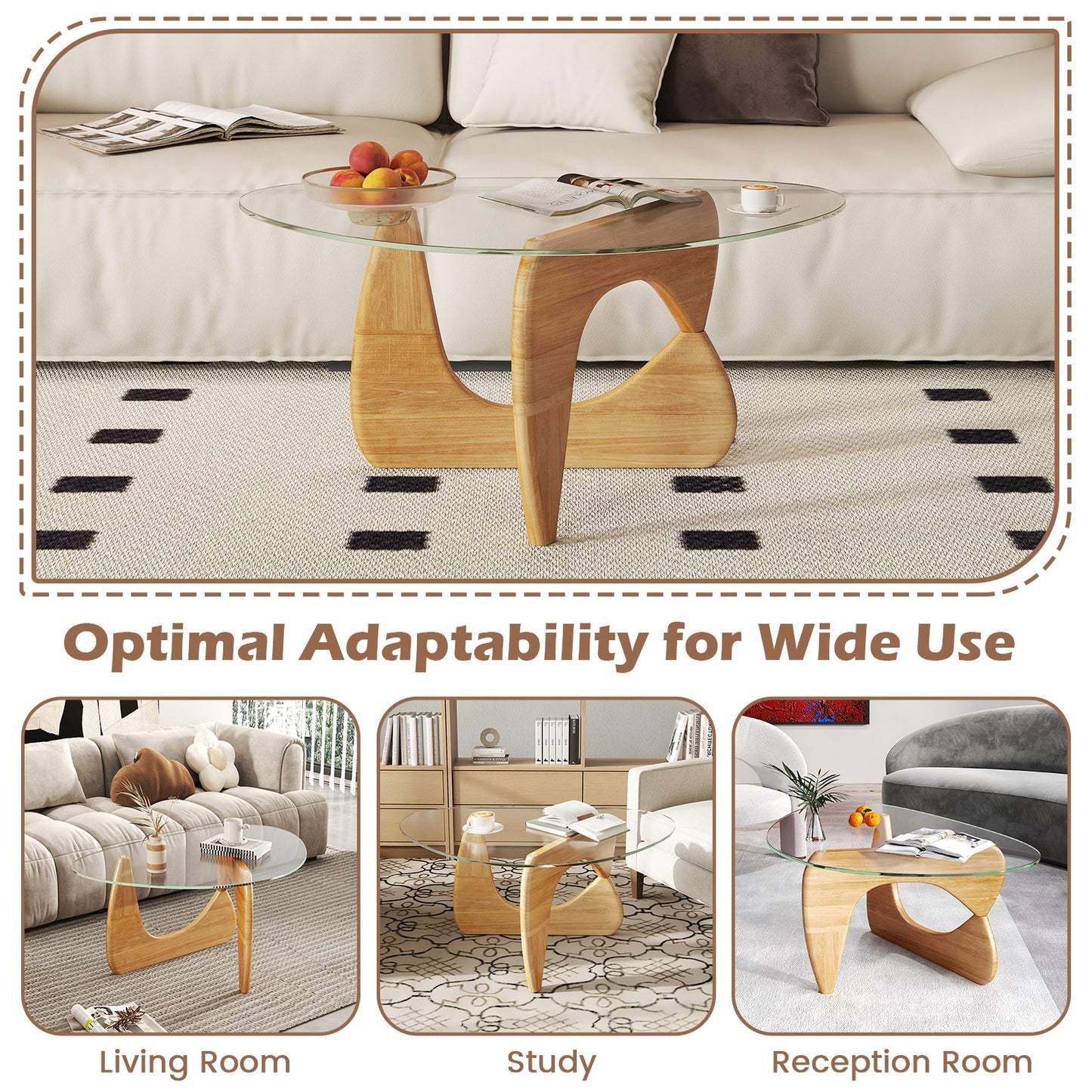 Triangle Coffee Table with Tempered Glass Top and Adjustable Rubber Wood Base, Natural Coffee Tables at Gallery Canada