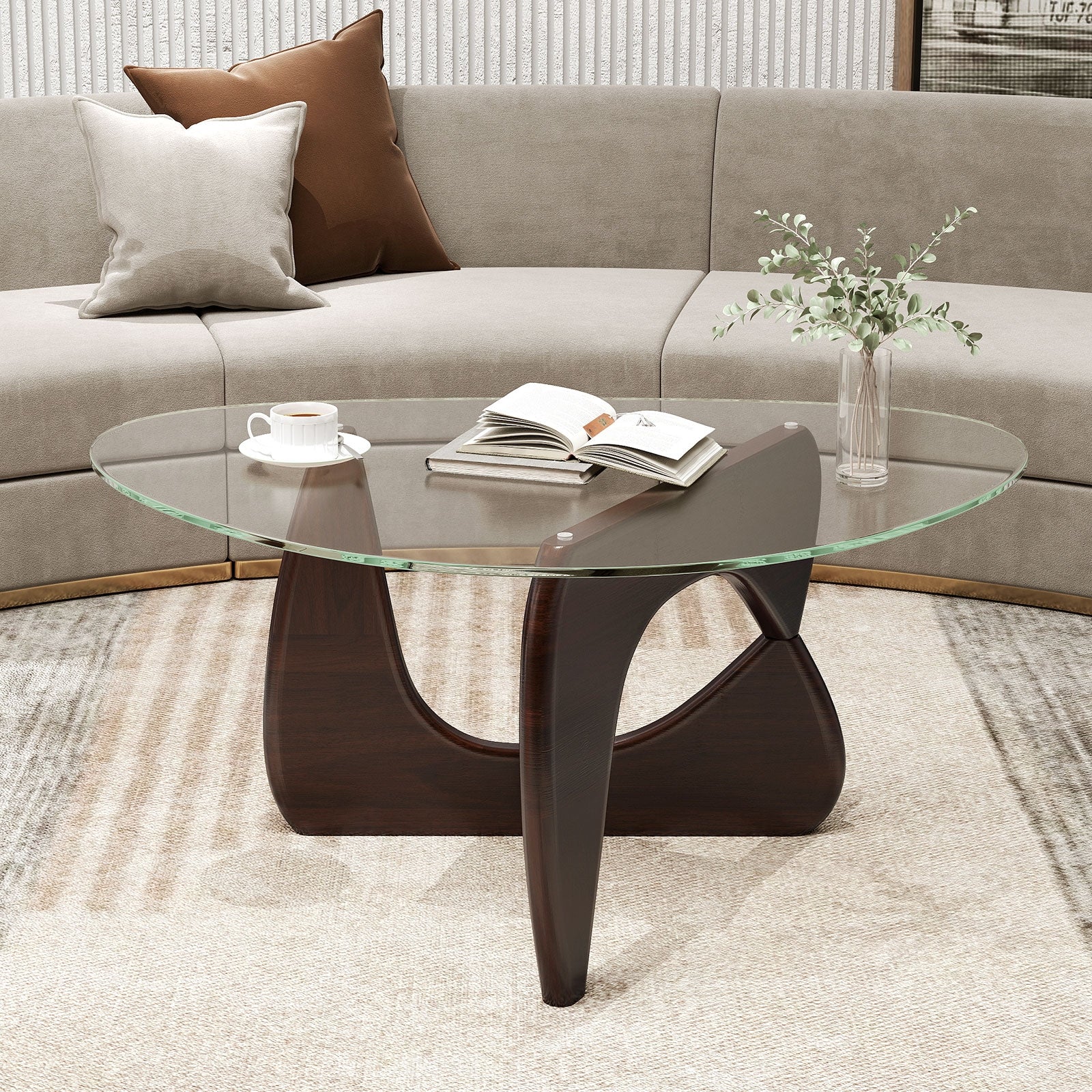 Triangle Coffee Table with Tempered Glass Top and Adjustable Rubber Wood Base, Walnut Coffee Tables at Gallery Canada
