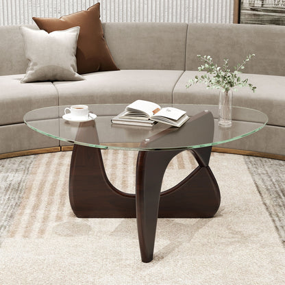 Triangle Coffee Table with Tempered Glass Top and Adjustable Rubber Wood Base, Walnut Coffee Tables at Gallery Canada