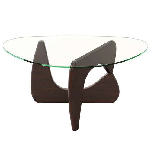 Triangle Coffee Table with Tempered Glass Top and Adjustable Rubber Wood Base, Walnut
