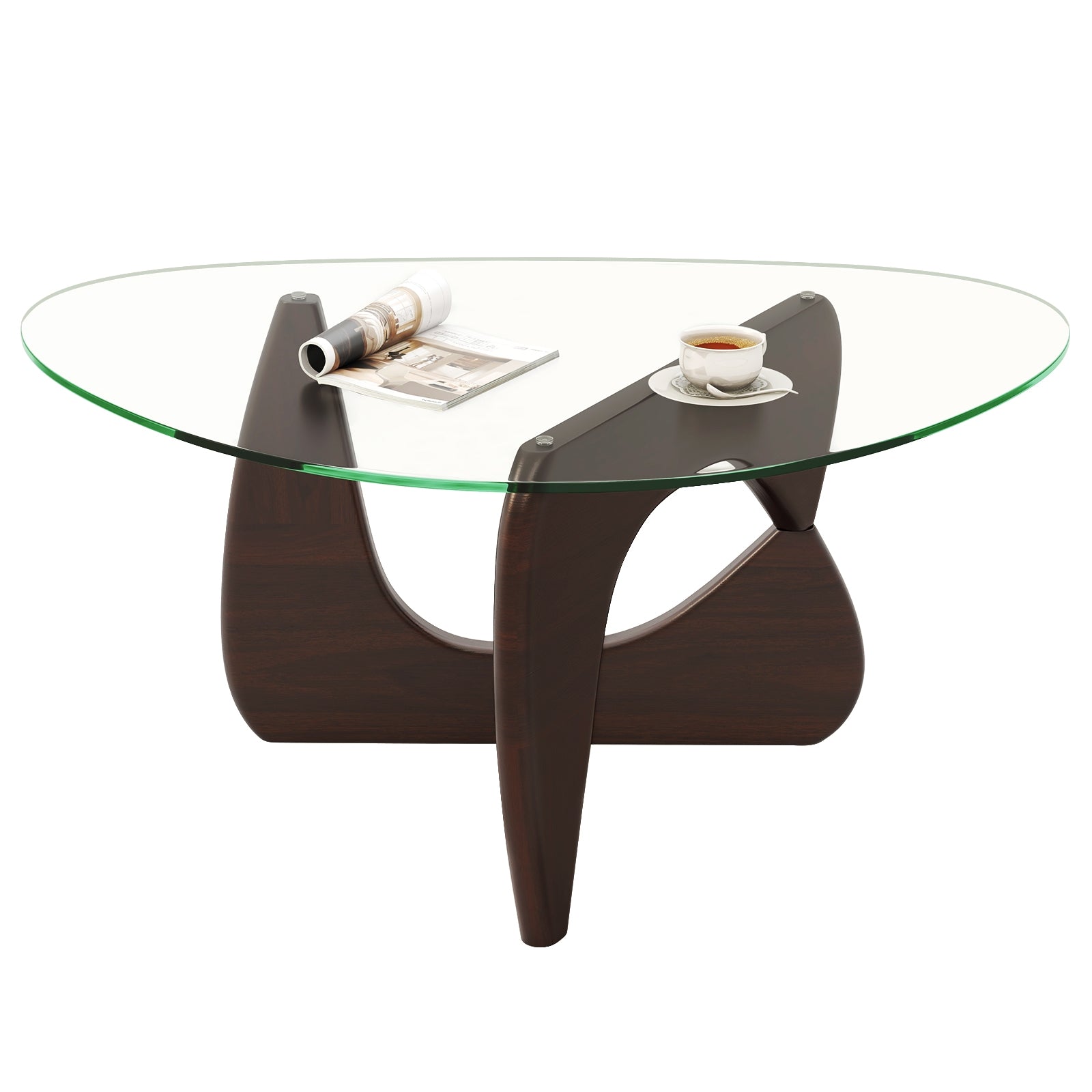 Triangle Coffee Table with Tempered Glass Top and Adjustable Rubber Wood Base, Walnut Coffee Tables at Gallery Canada
