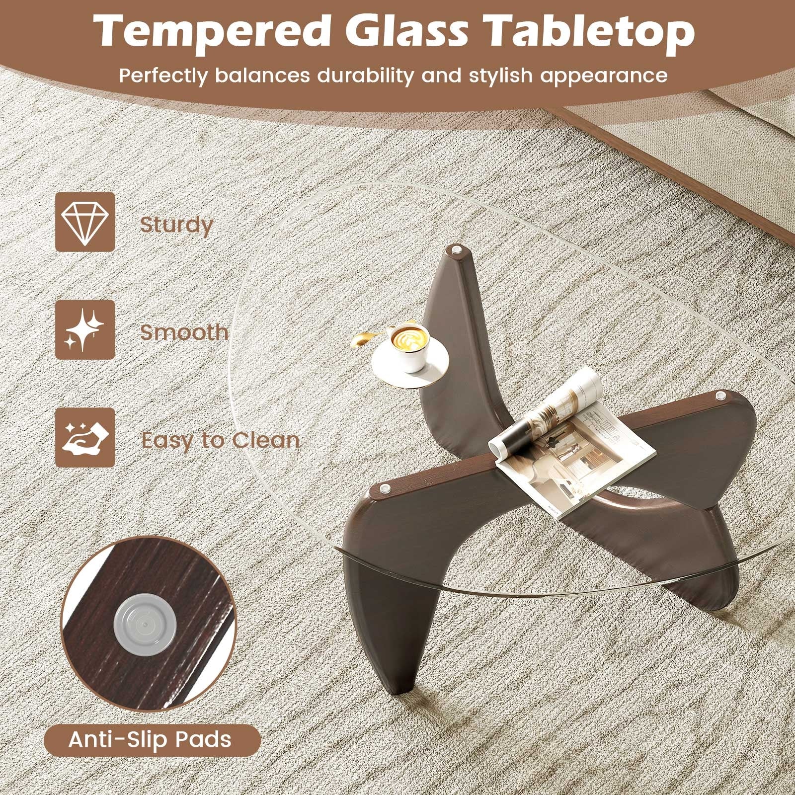 Triangle Coffee Table with Tempered Glass Top and Adjustable Rubber Wood Base, Walnut Coffee Tables at Gallery Canada