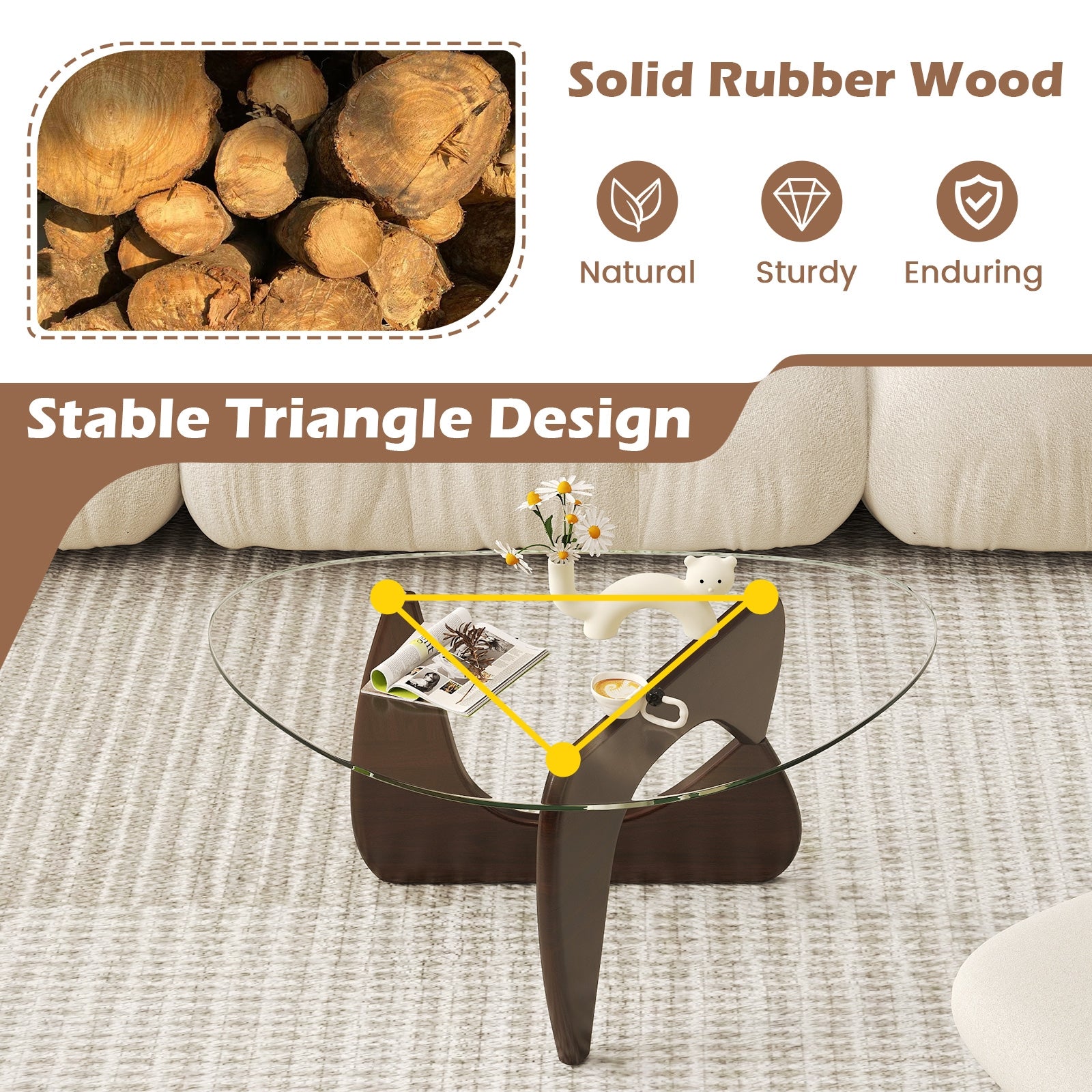 Triangle Coffee Table with Tempered Glass Top and Adjustable Rubber Wood Base, Walnut Coffee Tables at Gallery Canada