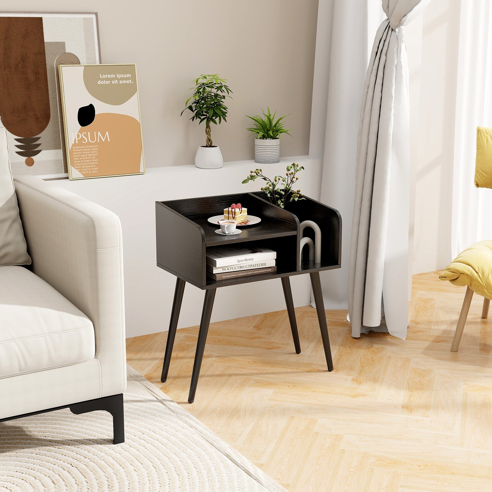 Mid Century Modern Nightstand with Open Shelves, Black Nightstands at Gallery Canada