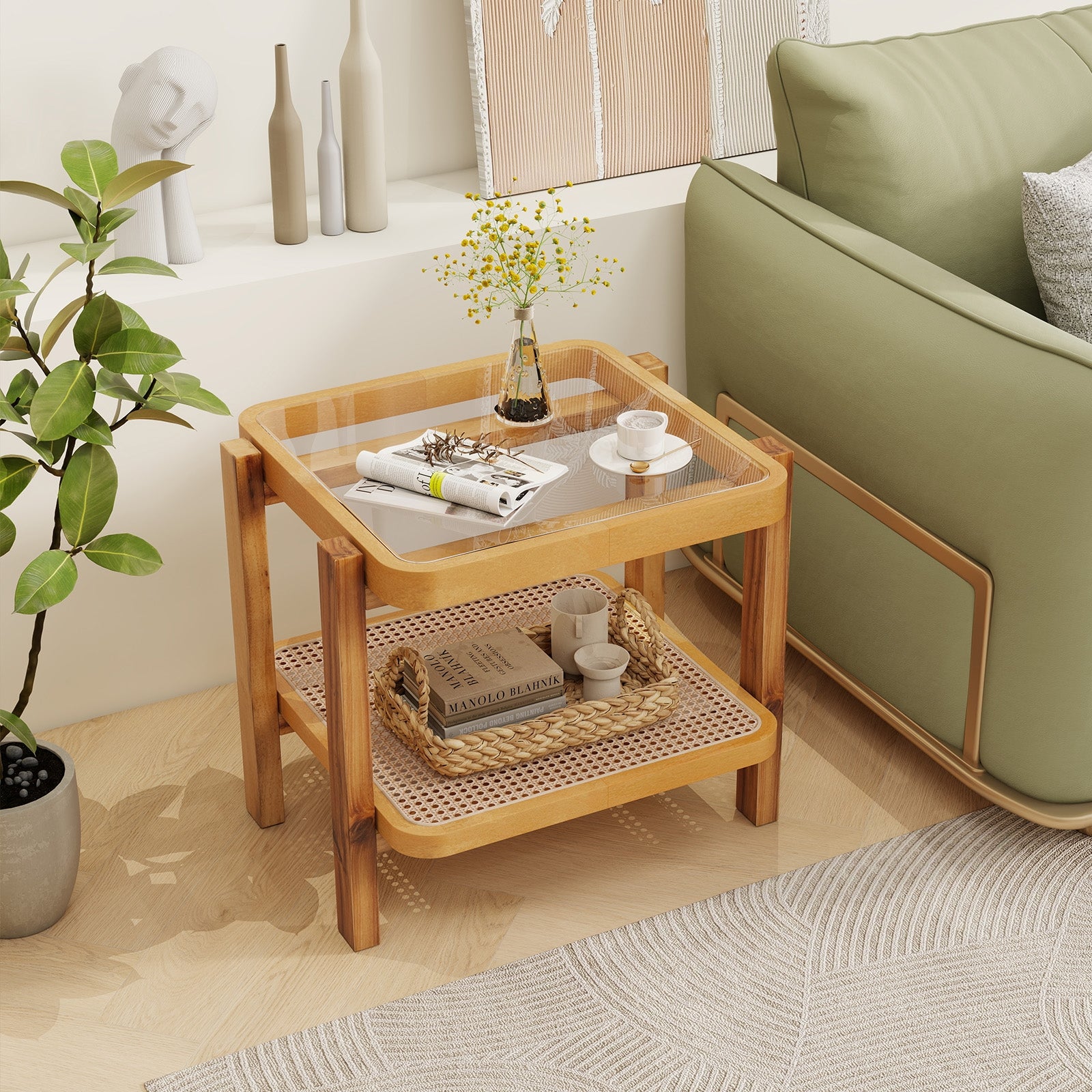 Rattan 2-Tier End Side Table with Tempered Glass Top Acacia Wood Legs, Natural End & Side Tables at Gallery Canada