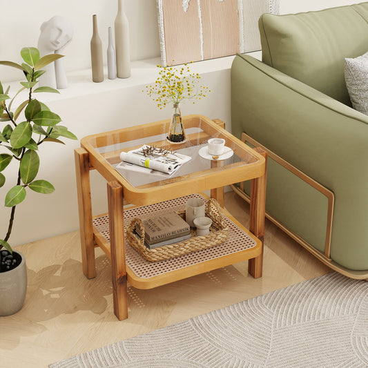 Rattan 2-Tier End Side Table with Tempered Glass Top Acacia Wood Legs, Natural End & Side Tables Natural at Gallery Canada