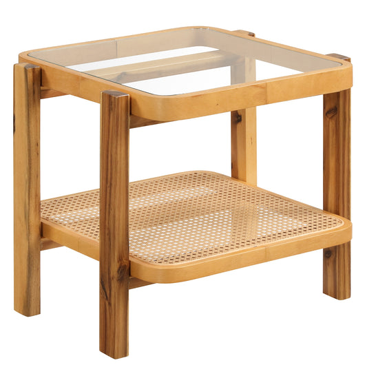 Rattan 2-Tier End Table, Tempered Glass Top, Acacia Wood Legs, Natural End & Side Tables Natural at Gallery Canada
