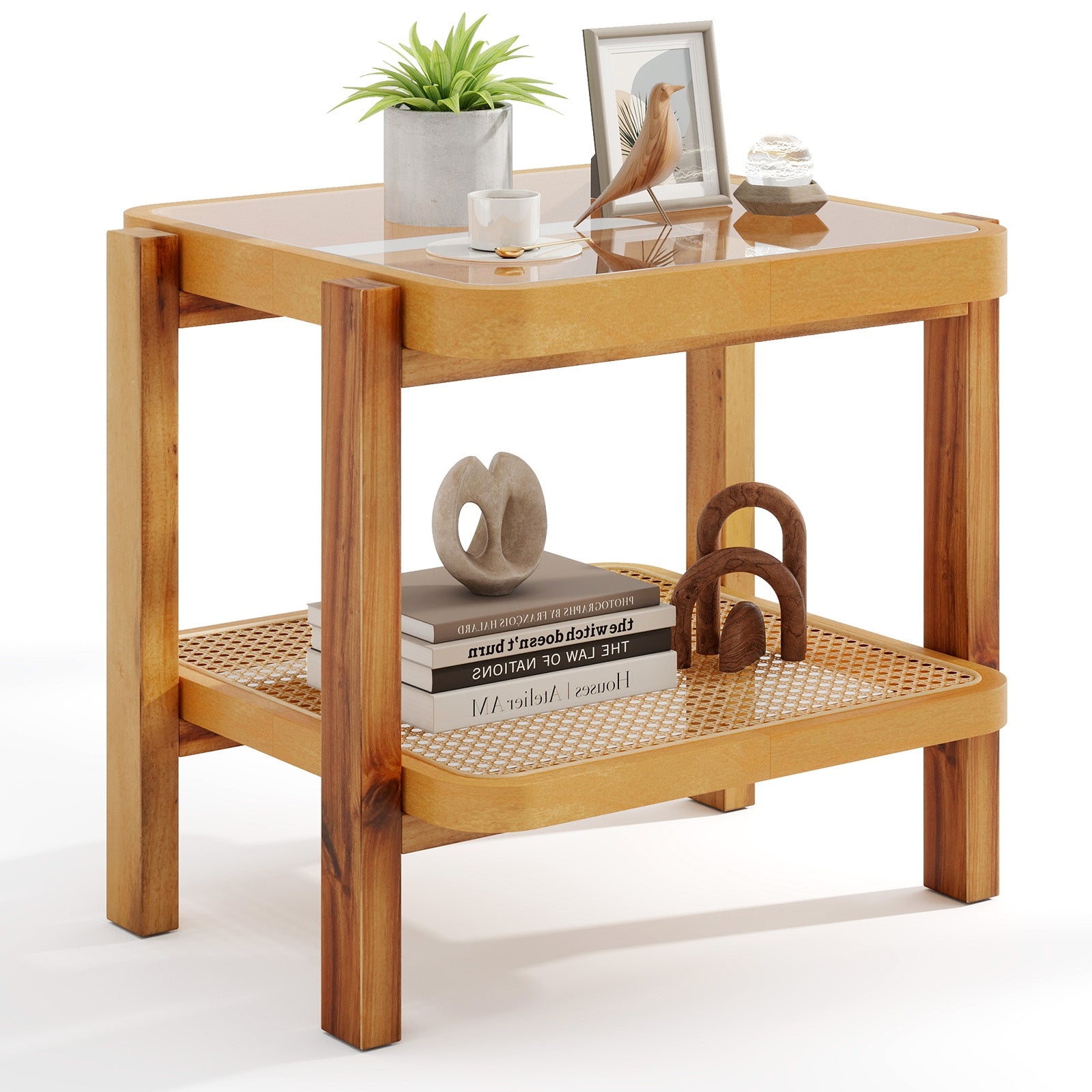 Rattan 2-Tier End Side Table with Tempered Glass Top Acacia Wood Legs, Natural End & Side Tables at Gallery Canada