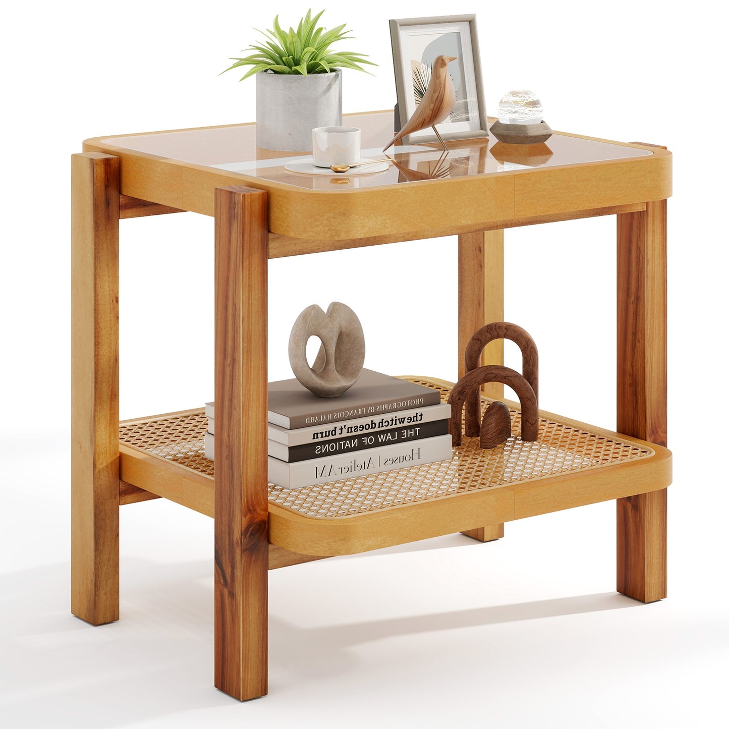 Rattan 2-Tier End Side Table with Tempered Glass Top Acacia Wood Legs, Natural End & Side Tables at Gallery Canada