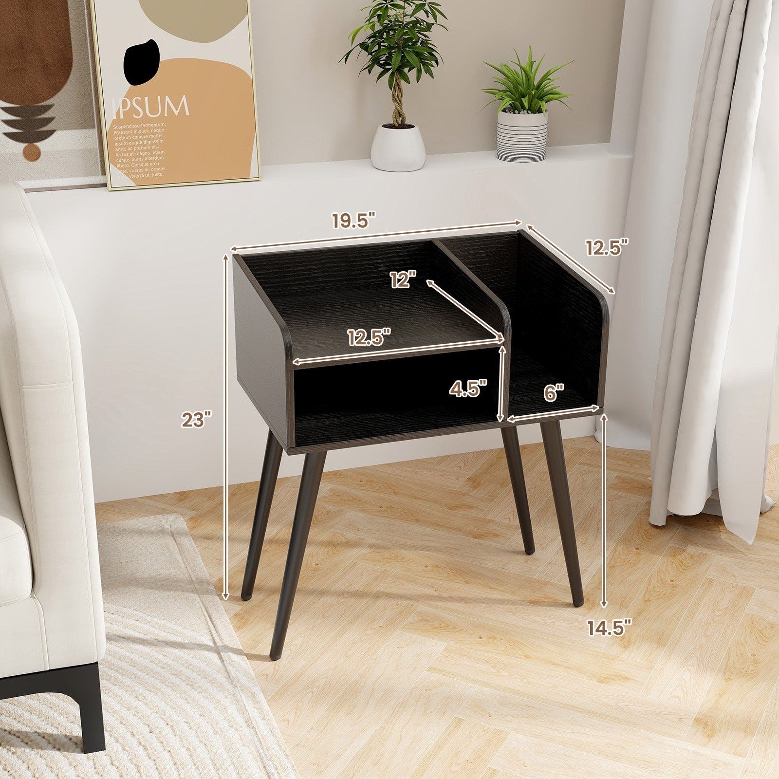 Mid Century Modern Nightstand with Open Shelves, Black Nightstands at Gallery Canada
