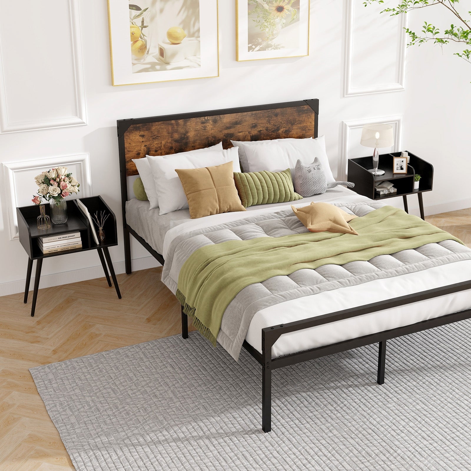 Mid Century Modern Nightstand with Open Shelves, Black Nightstands at Gallery Canada