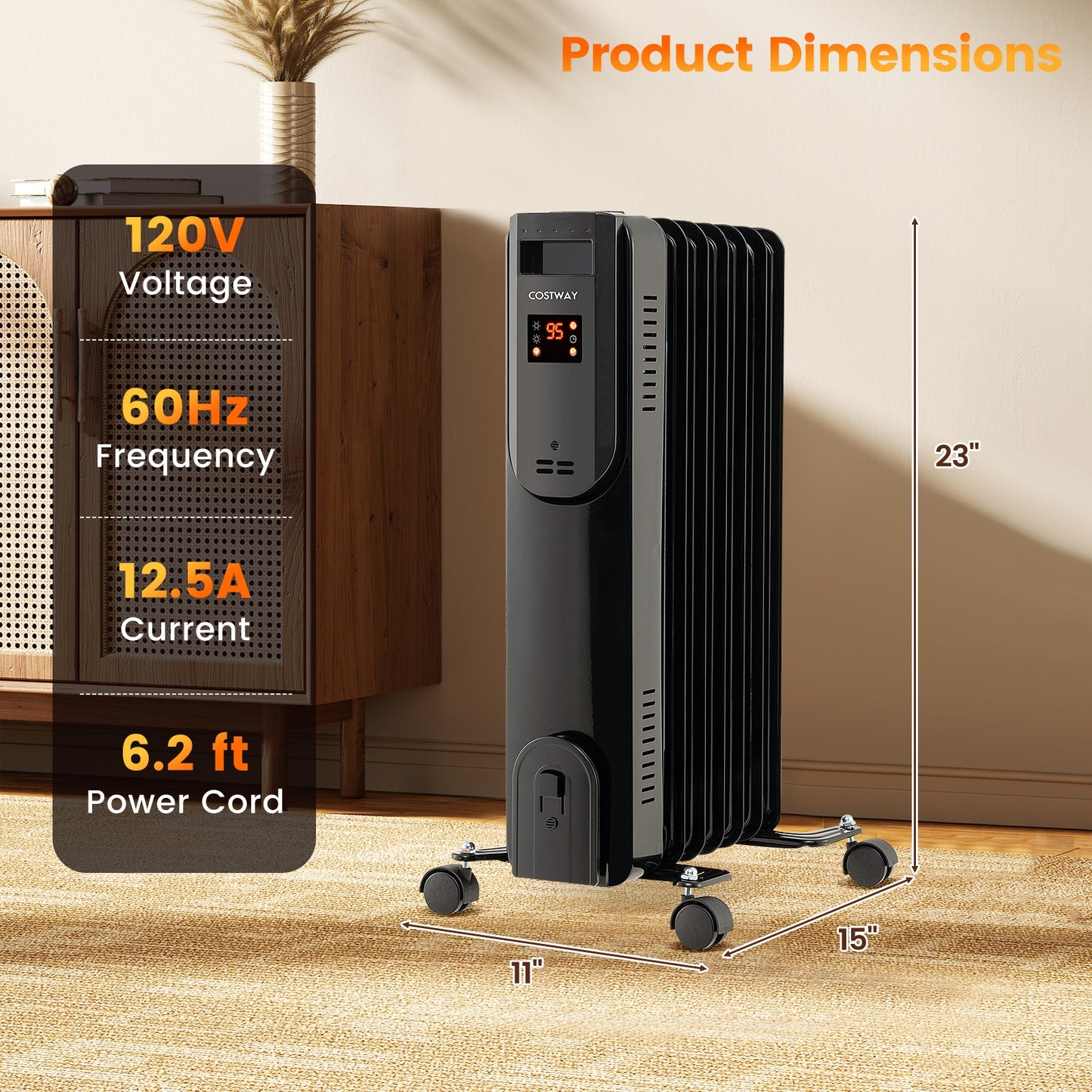 Oil Filled Radiator Heater with Adjustable Thermostat, Black Space Heaters at Gallery Canada