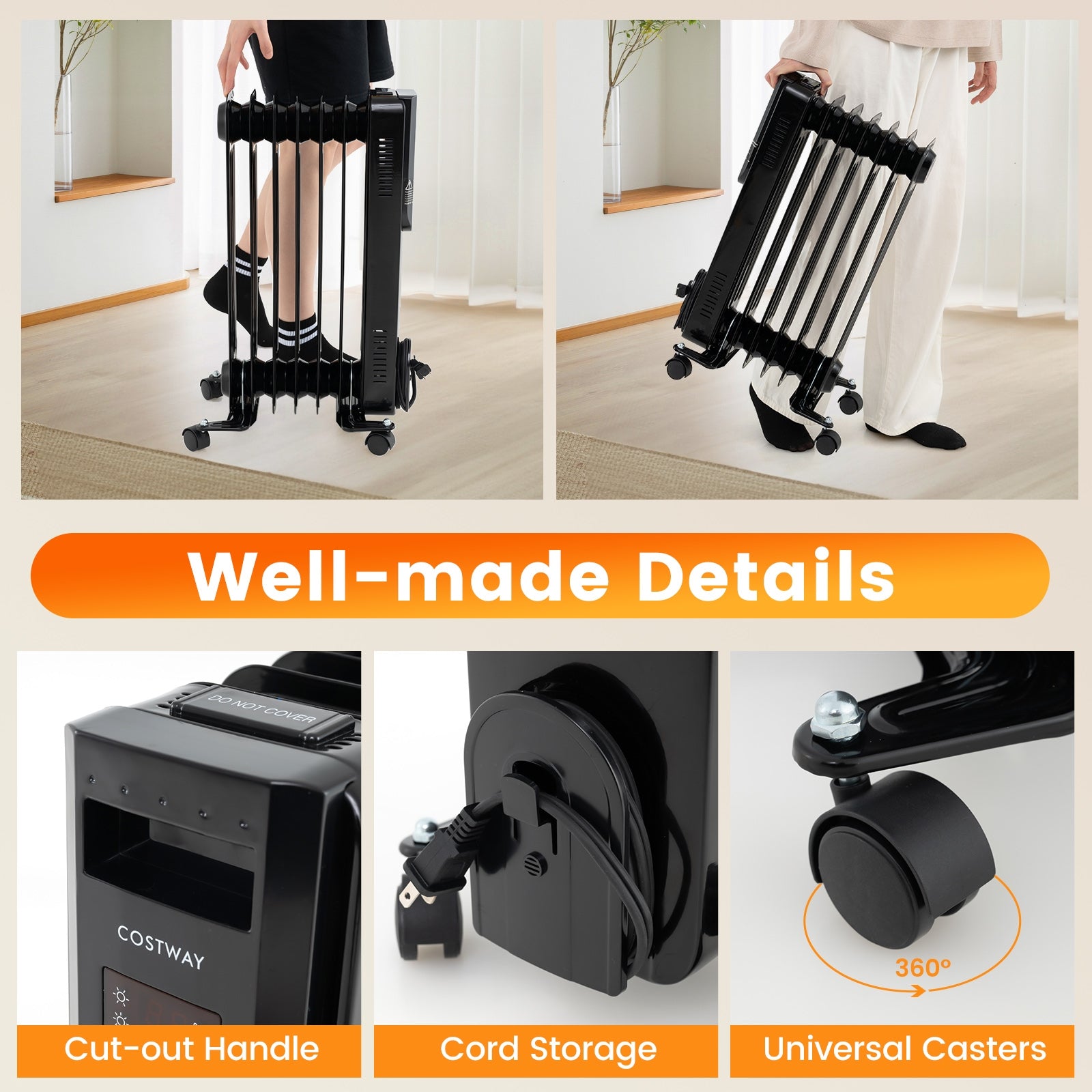 Oil Filled Radiator Heater with Adjustable Thermostat, Black Space Heaters at Gallery Canada