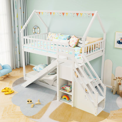 Twin Over Twin Bunk Bed with Slide and Staircase, White Bunk Bed Frame at Gallery Canada