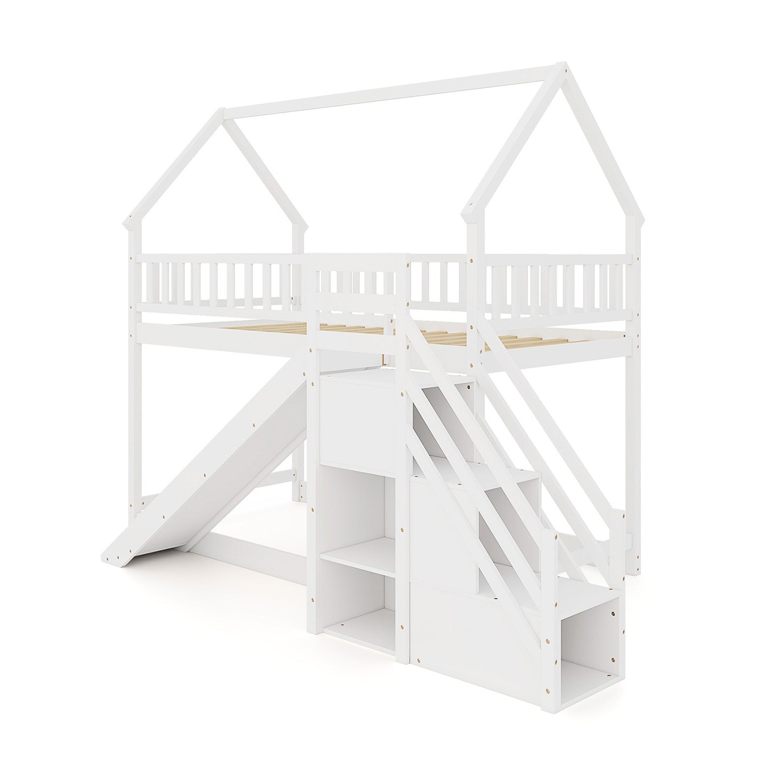 Twin Over Twin Bunk Bed with Slide and Staircase, White Bunk Bed Frame White at Gallery Canada
