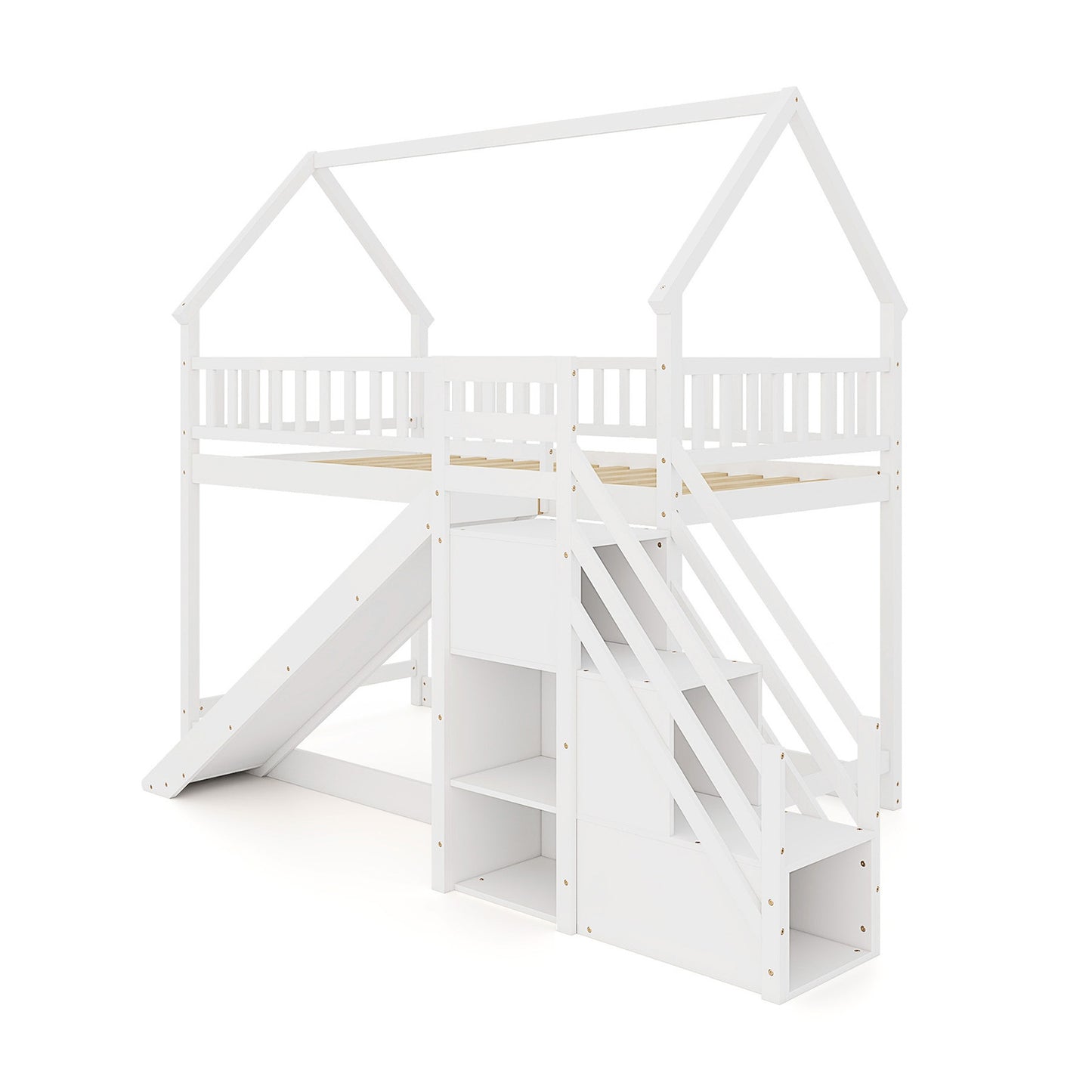 Twin Over Twin Bunk Bed with Slide and Staircase, White Bunk Bed Frame White at Gallery Canada