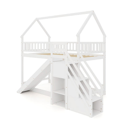 Twin Over Twin Bunk Bed with Slide and Staircase, White Bunk Bed Frame White at Gallery Canada