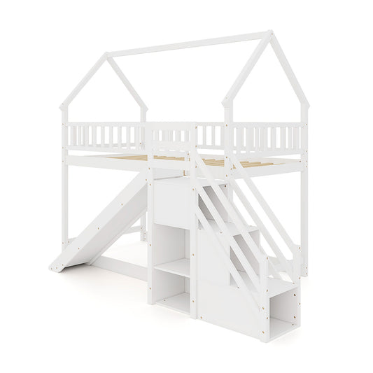 Twin Over Twin Bunk Bed with Slide and Staircase, White Bunk Bed Frame White at Gallery Canada