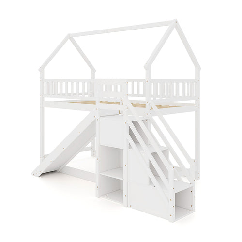 Twin Over Twin Bunk Bed with Slide and Staircase, White