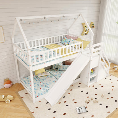 Twin Over Twin Bunk Bed with Slide and Staircase, White Bunk Bed Frame at Gallery Canada