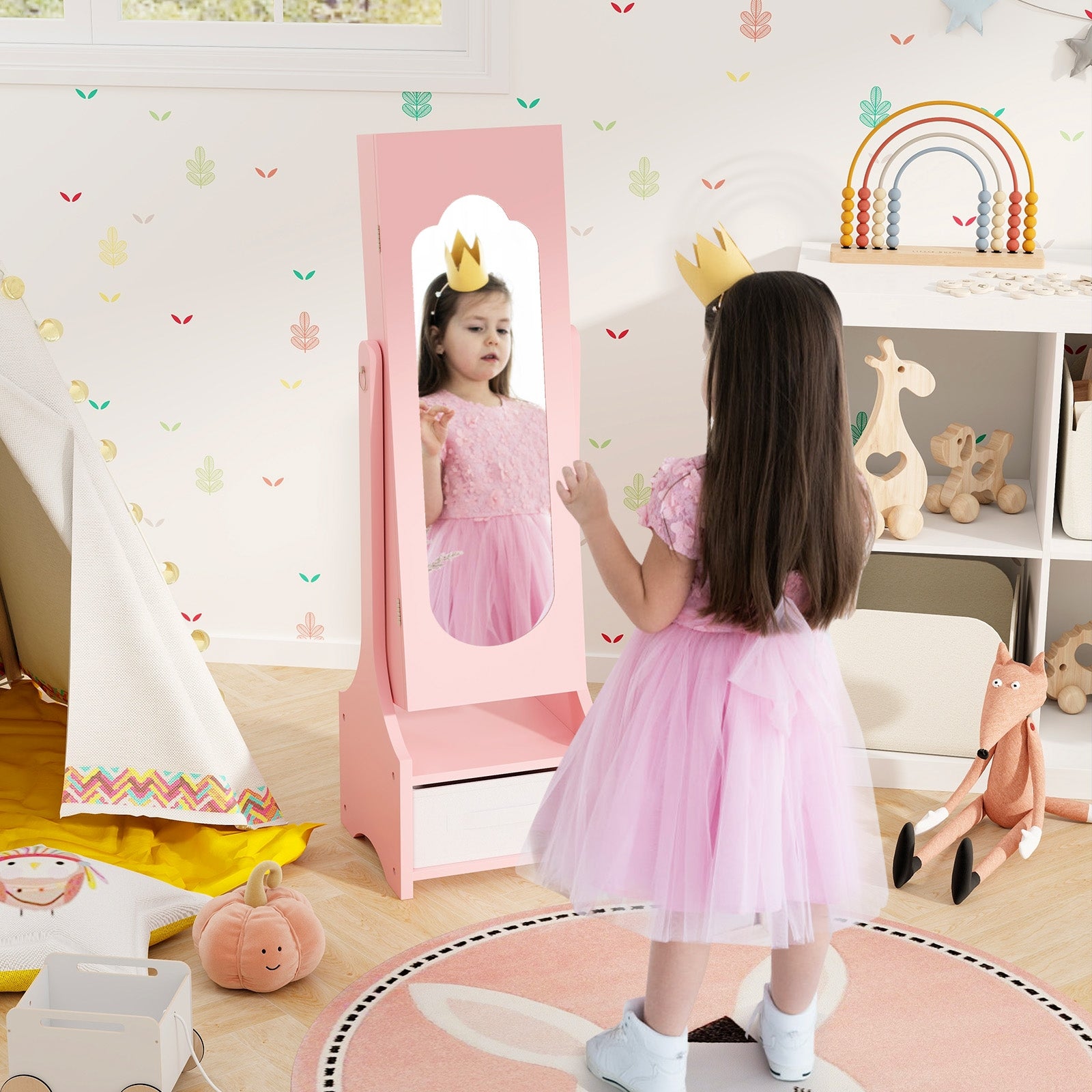 Freestanding Kids Jewelry Armoire Cabinet with Storage and 2 Tilt Angles, Pink Kids Vanities at Gallery Canada