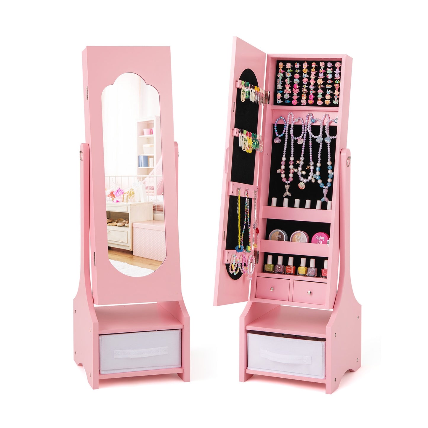 Freestanding Kids Jewelry Armoire Cabinet with Storage and 2 Tilt Angles, Pink Kids Vanities at Gallery Canada