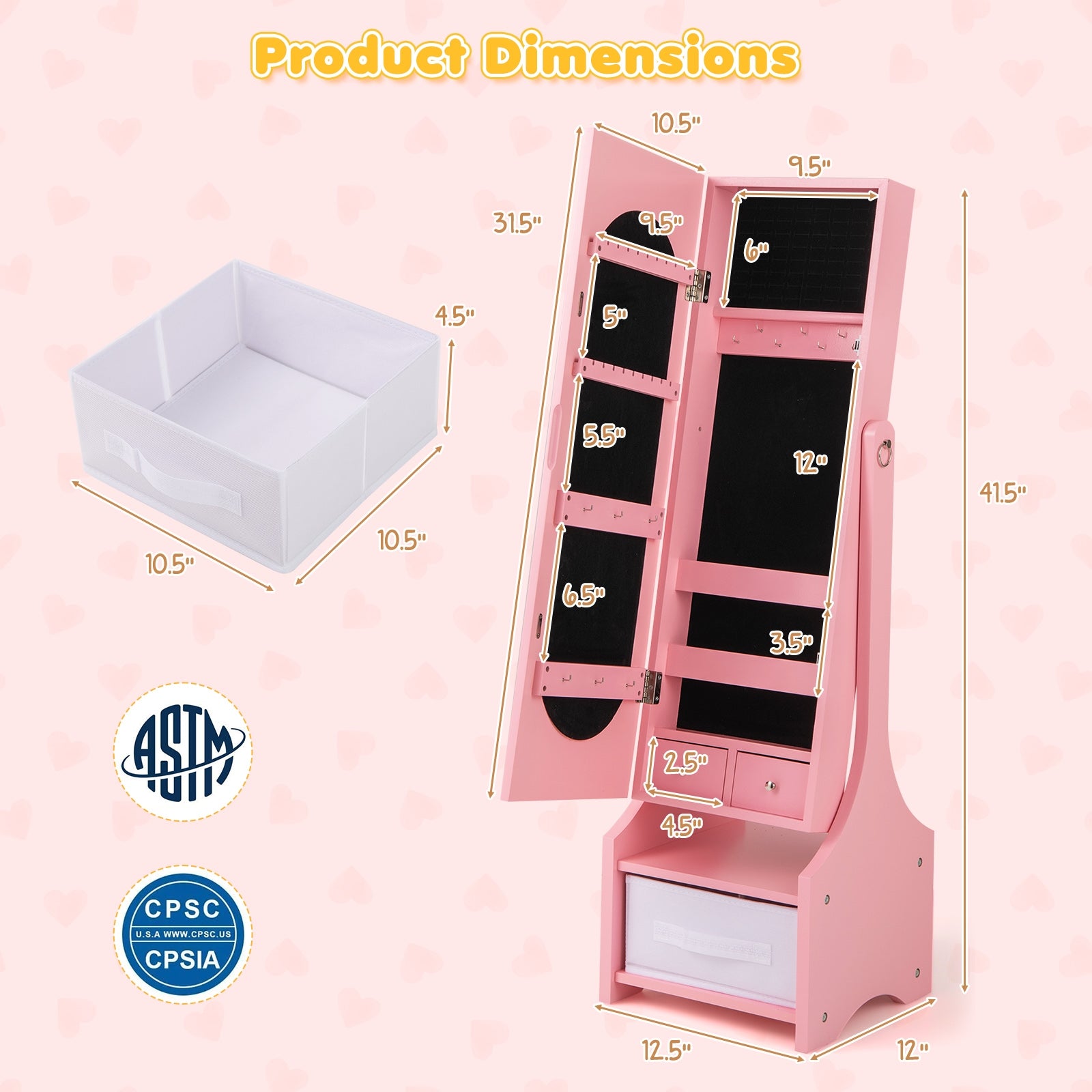 Freestanding Kids Jewelry Armoire Cabinet with Storage and 2 Tilt Angles, Pink Kids Vanities at Gallery Canada