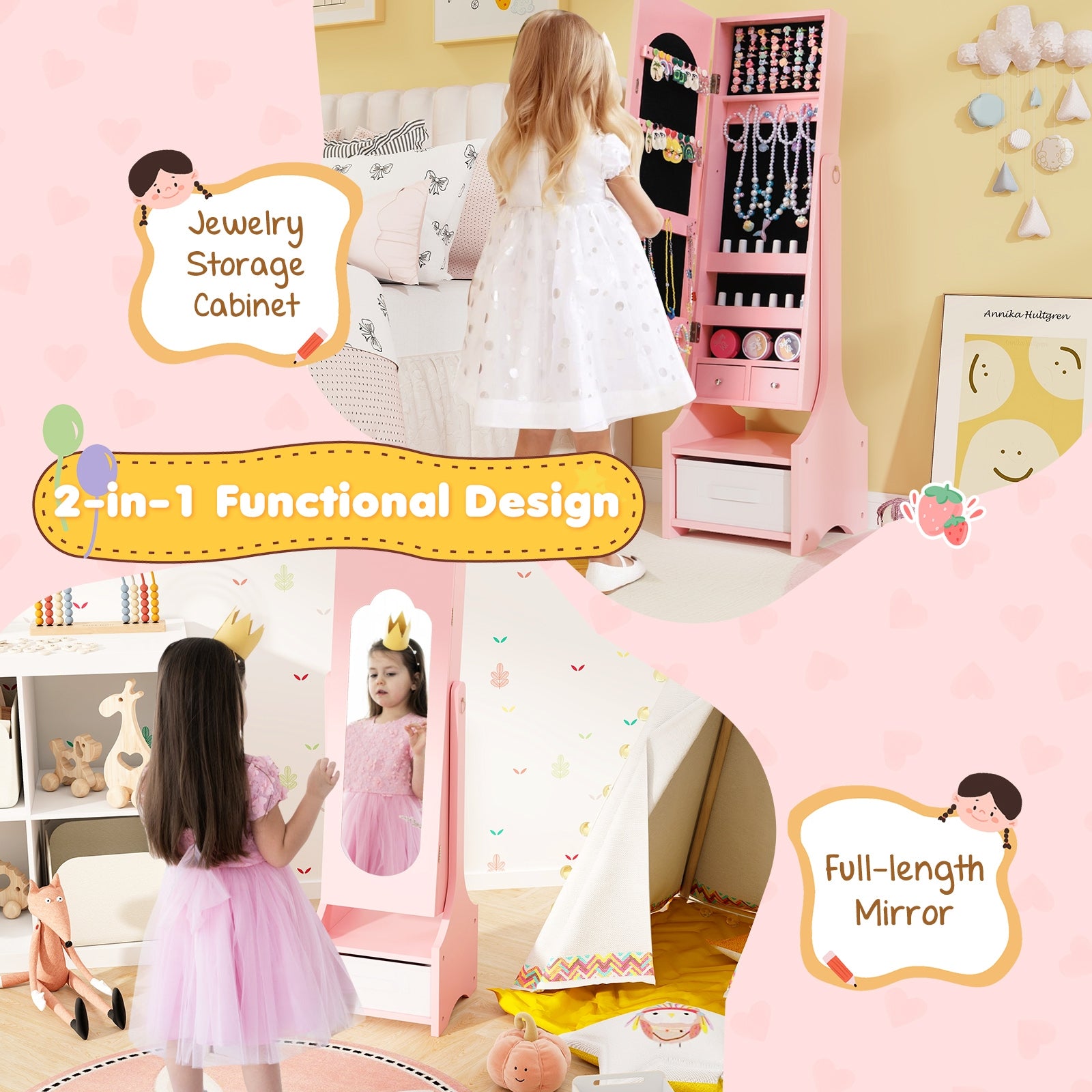 Freestanding Kids Jewelry Armoire Cabinet with Storage and 2 Tilt Angles, Pink Kids Vanities at Gallery Canada