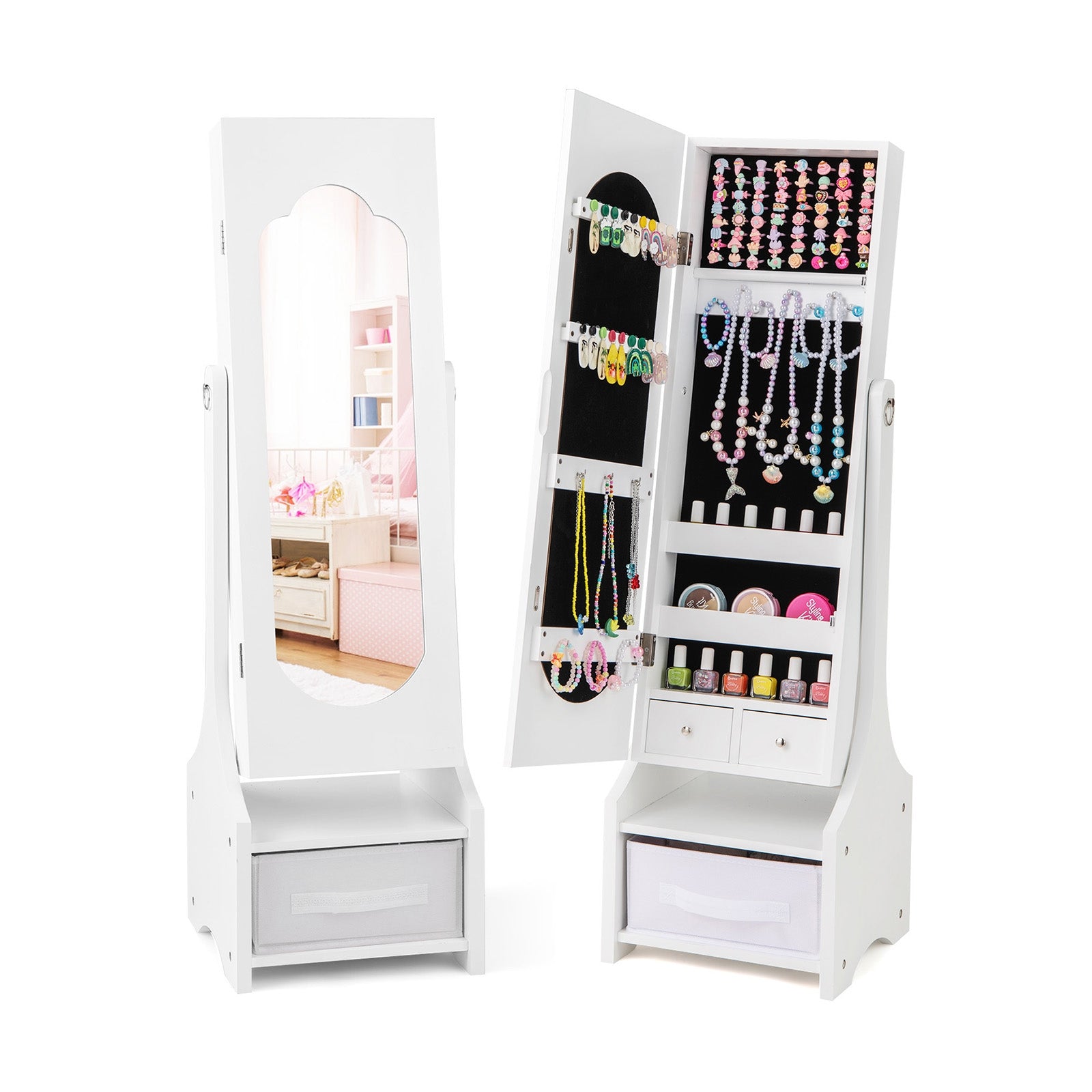 Freestanding Kids Jewelry Armoire Cabinet with Storage and 2 Tilt Angles, White Kids Vanities White at Gallery Canada
