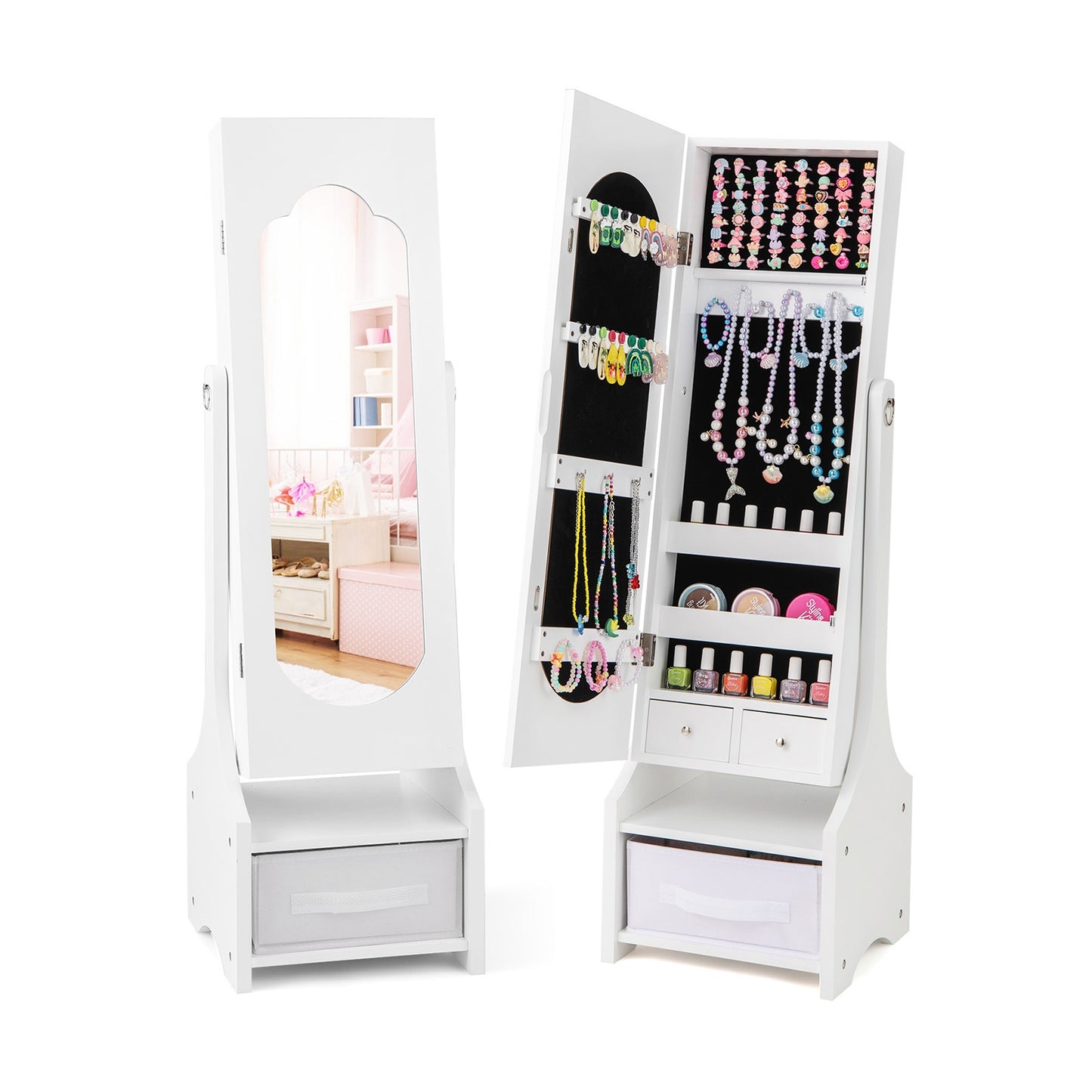 Freestanding Kids Jewelry Armoire Cabinet with Storage and 2 Tilt Angles, White Kids Vanities White at Gallery Canada