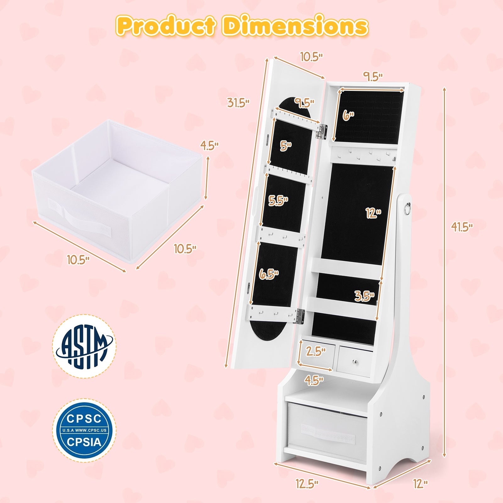 Freestanding Kids Jewelry Armoire Cabinet with Storage and 2 Tilt Angles, White Kids Vanities at Gallery Canada
