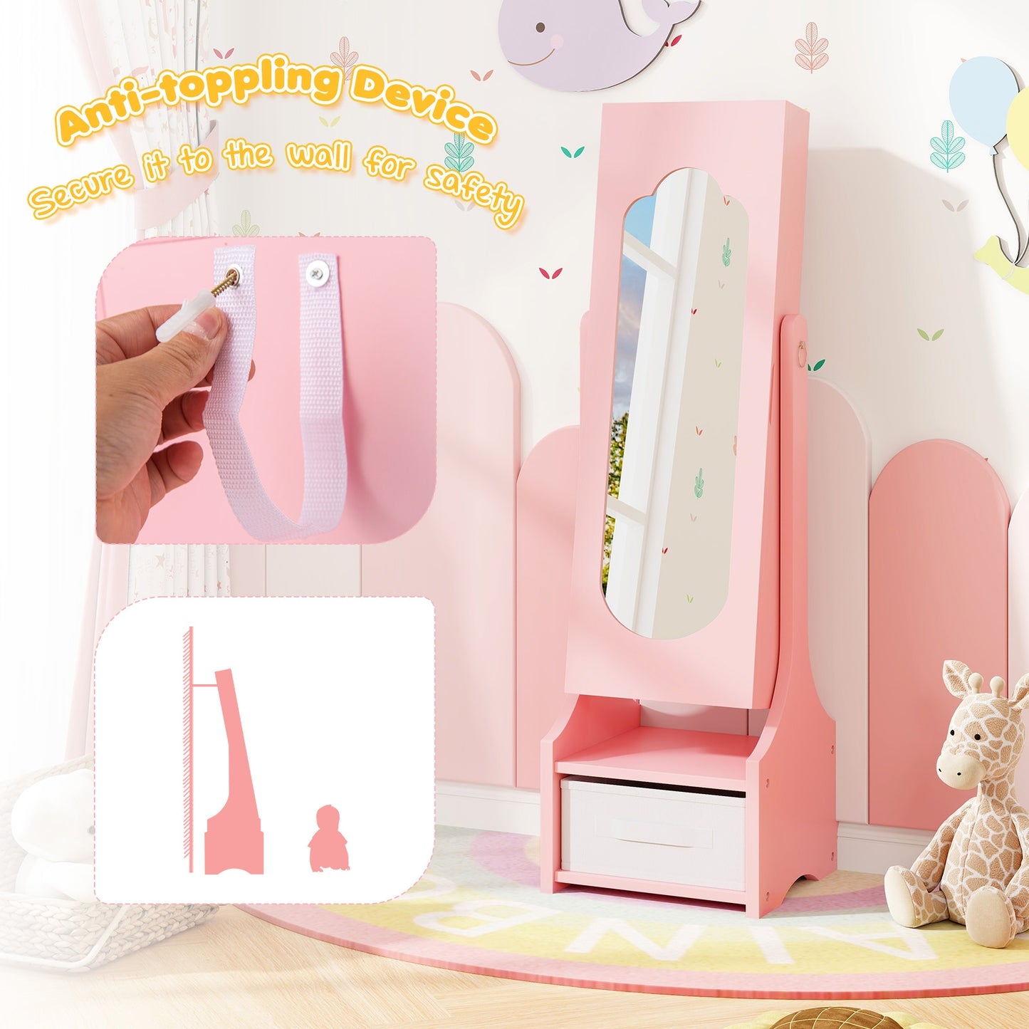 Freestanding Kids Jewelry Armoire Cabinet with Storage and 2 Tilt Angles, Pink Kids Vanities at Gallery Canada