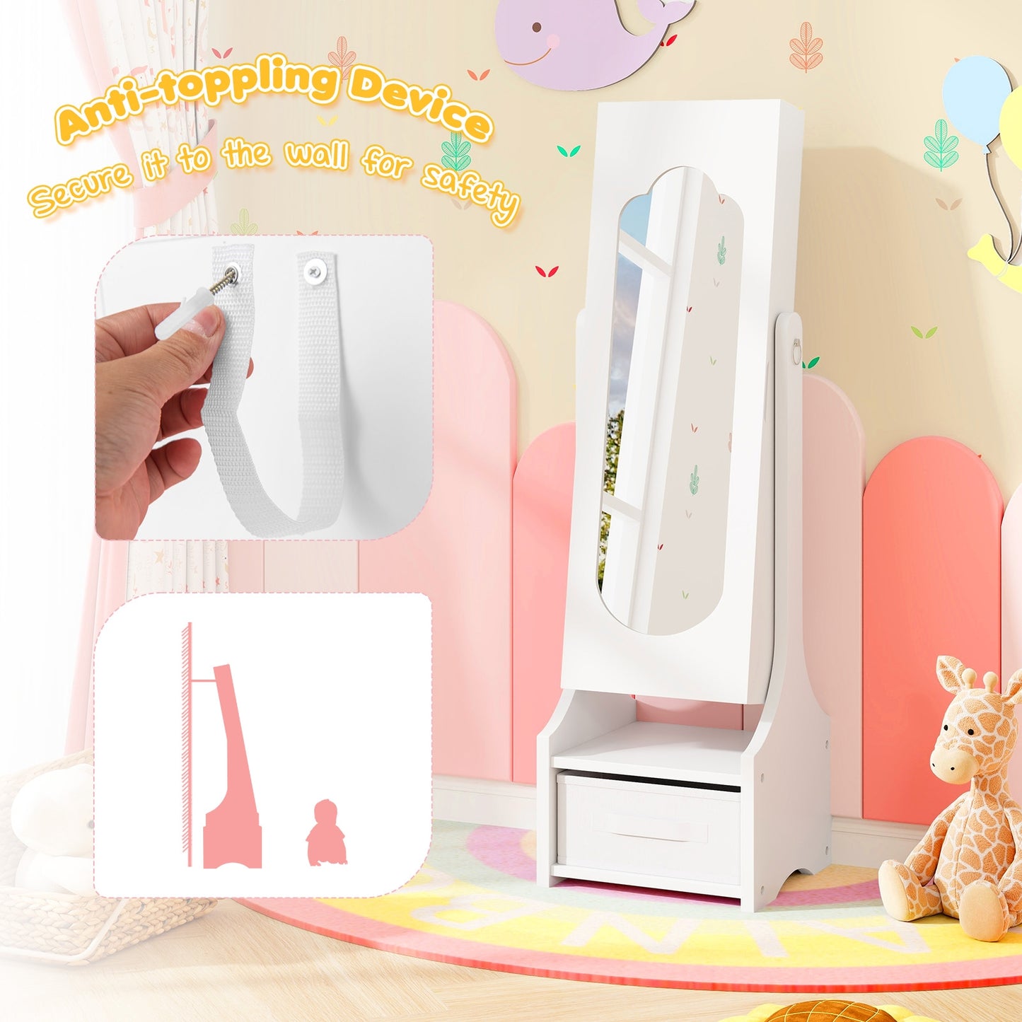 Freestanding Kids Jewelry Armoire Cabinet with Storage and 2 Tilt Angles, White Kids Vanities at Gallery Canada