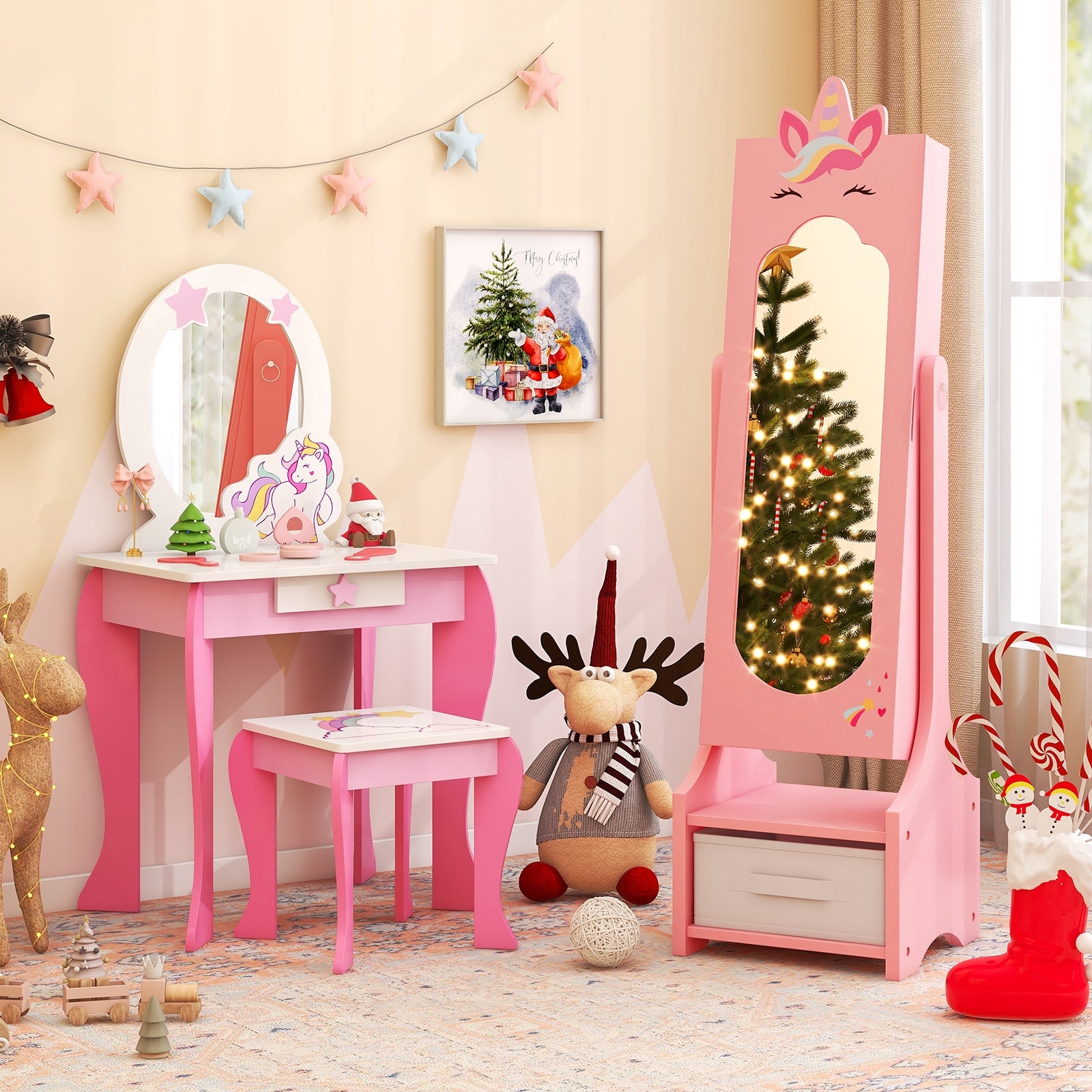 Kids Jewelry Cabinet with Full-Length Mirror for Kids Bedroom and Playroom, Pink Kids Vanities at Gallery Canada