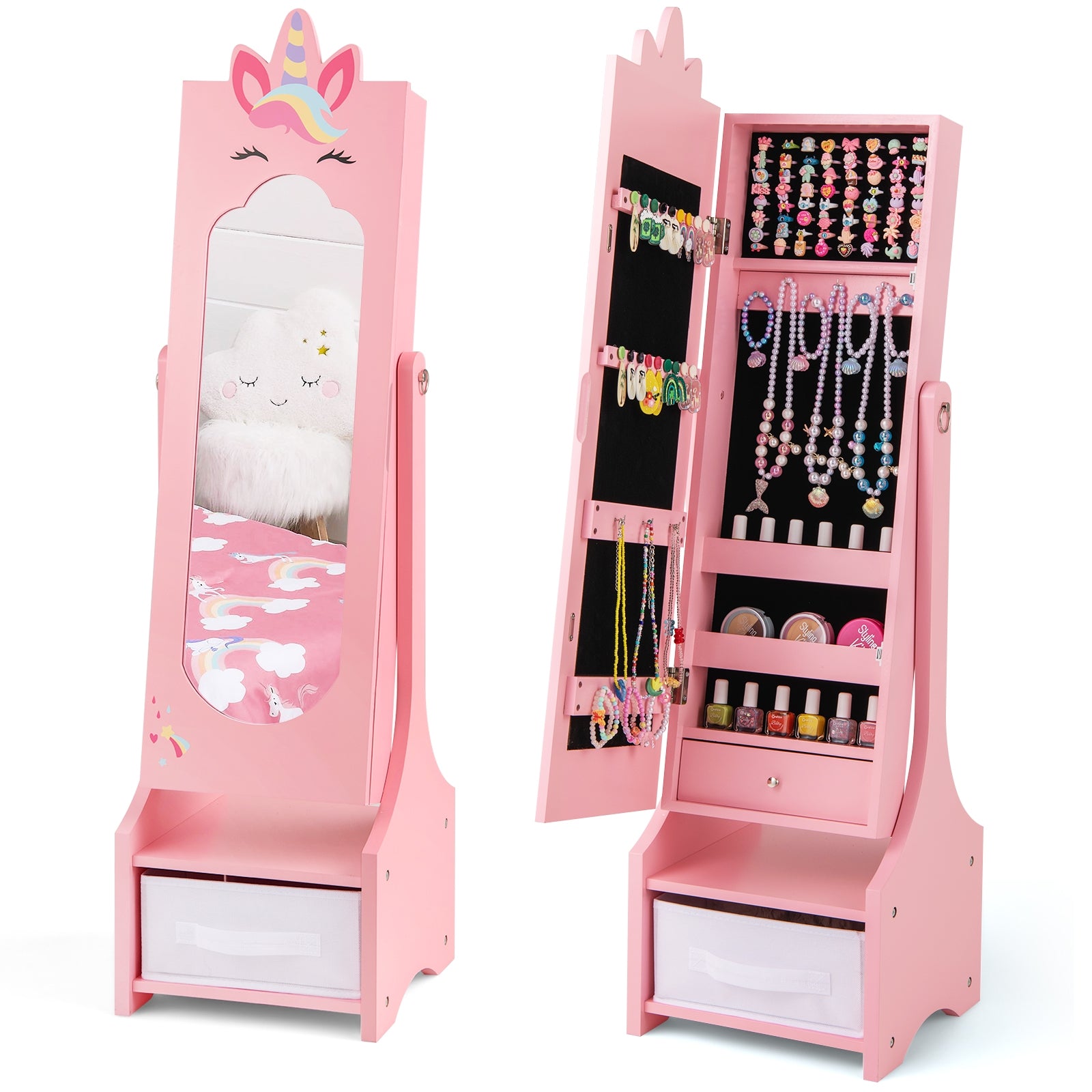 Kids Jewelry Cabinet with Full-Length Mirror for Kids Bedroom and Playroom, Pink Kids Vanities at Gallery Canada