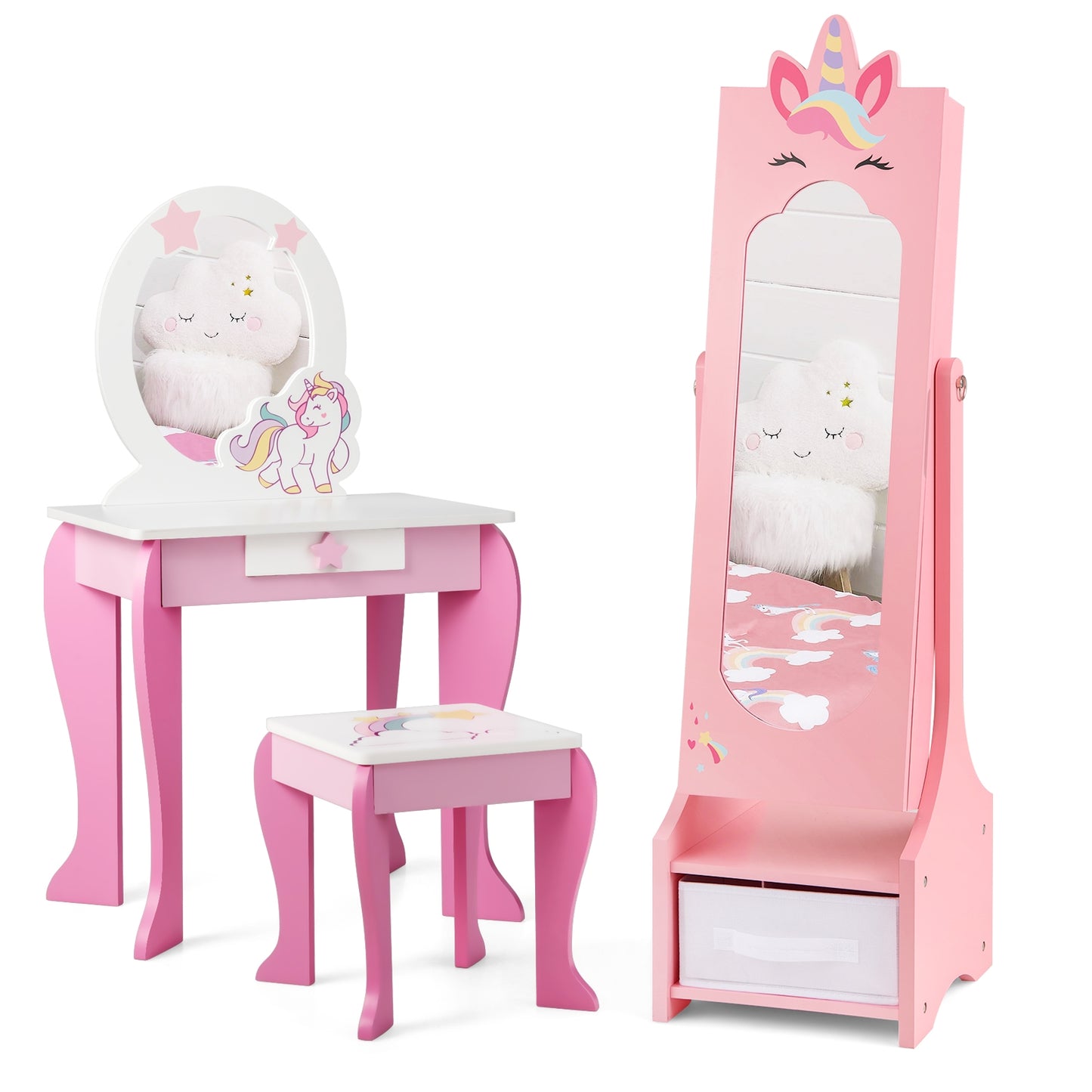 Kids Jewelry Cabinet with Full-Length Mirror for Kids Bedroom and Playroom, Pink Kids Vanities at Gallery Canada