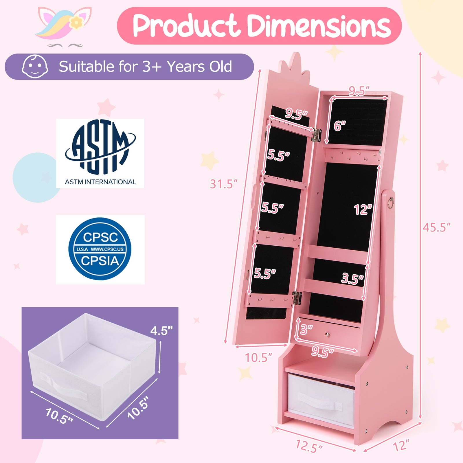 Kids Jewelry Cabinet with Full-Length Mirror for Kids Bedroom and Playroom, Pink Kids Vanities at Gallery Canada