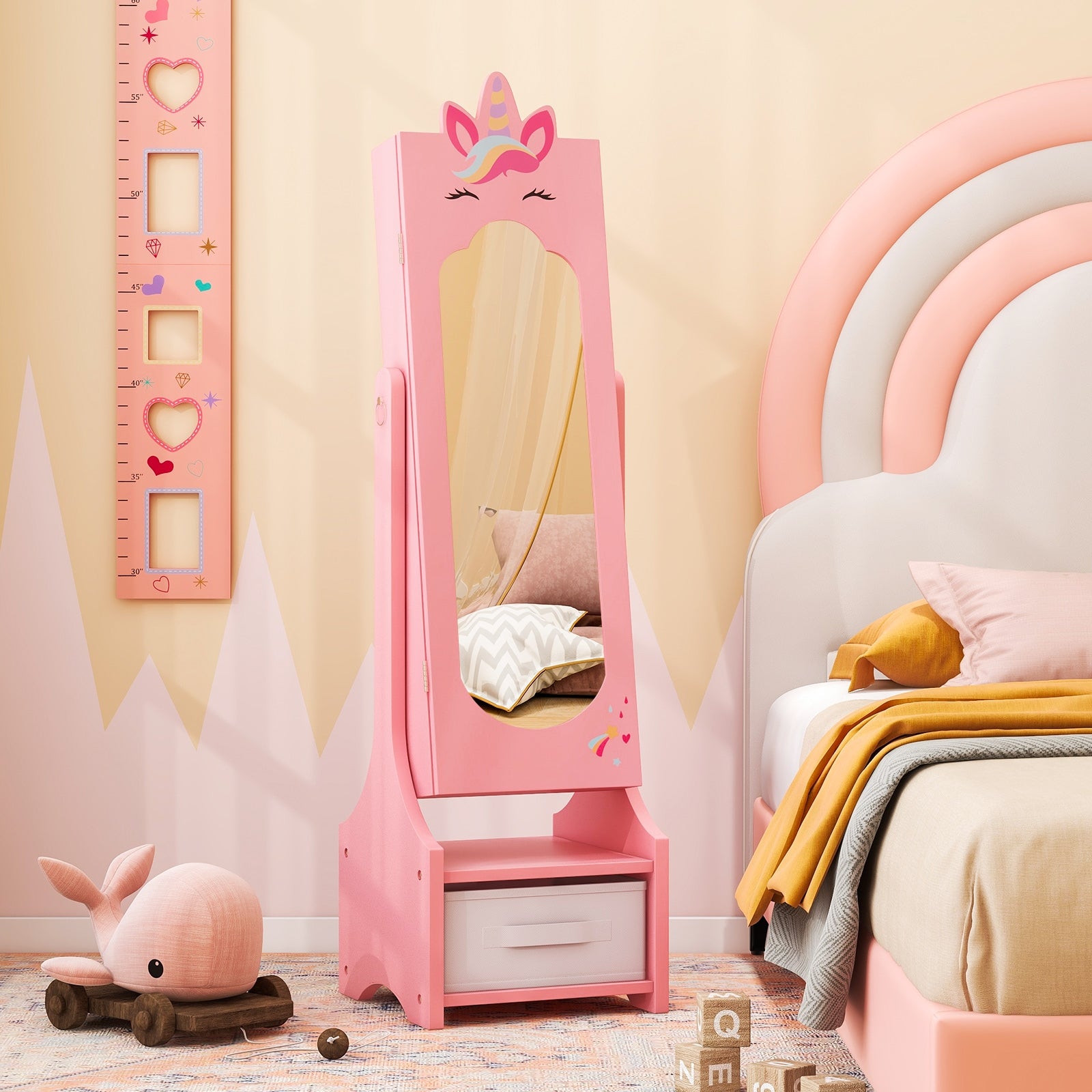 Kids Jewelry Cabinet with Full-Length Mirror for Kids Bedroom and Playroom, Pink Kids Vanities at Gallery Canada