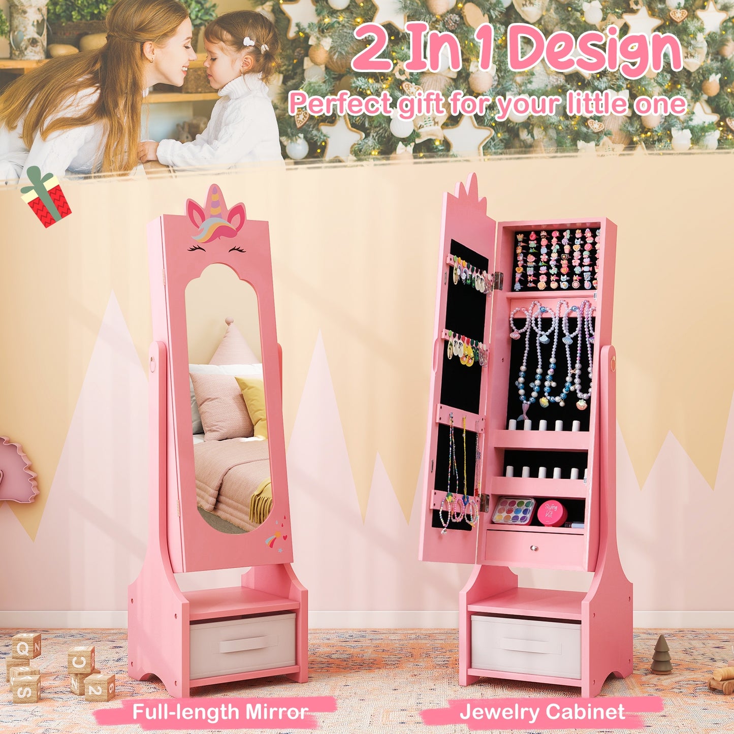 Kids Jewelry Cabinet with Full-Length Mirror for Kids Bedroom and Playroom, Pink Kids Vanities at Gallery Canada