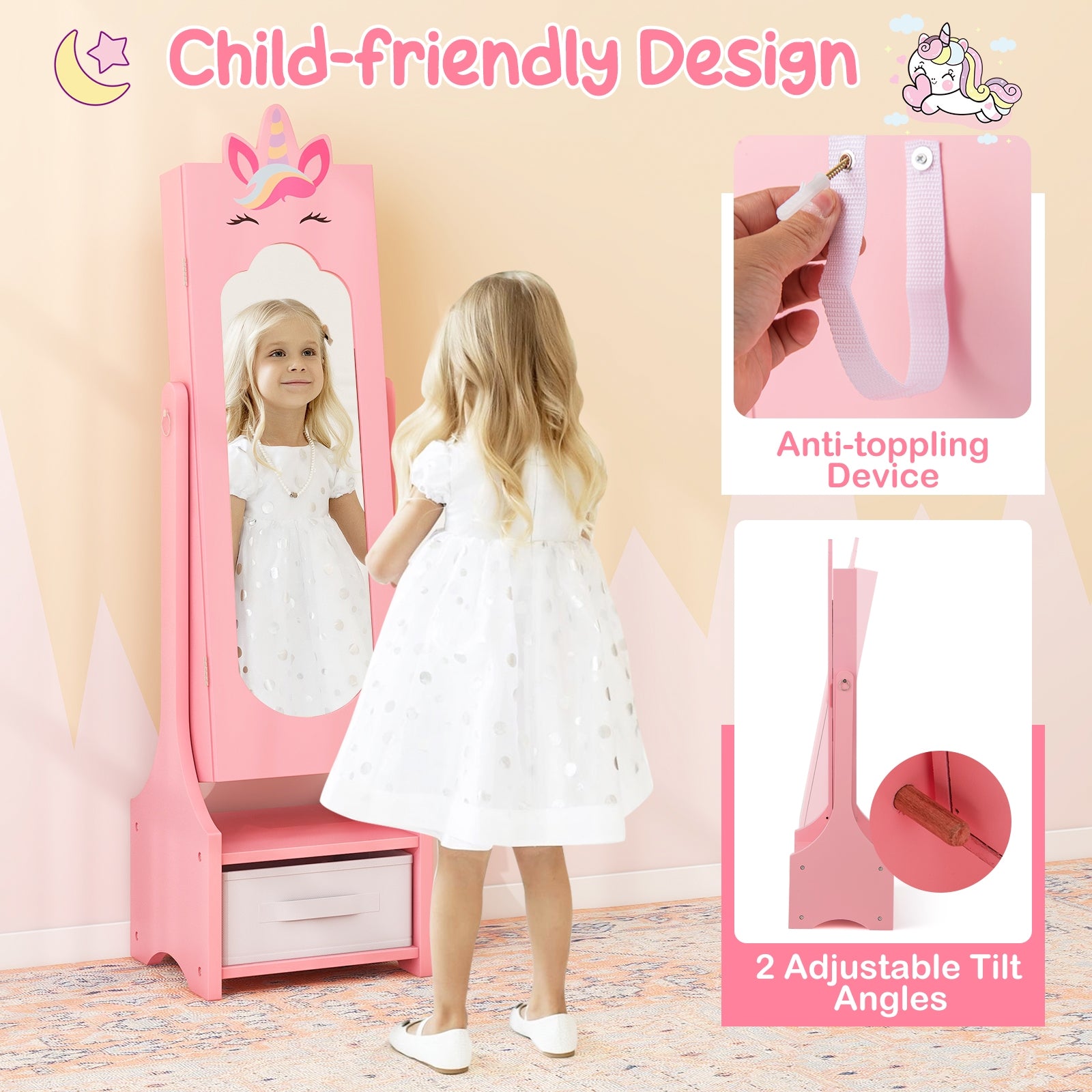 Kids Jewelry Cabinet with Full-Length Mirror for Kids Bedroom and Playroom, Pink Kids Vanities at Gallery Canada