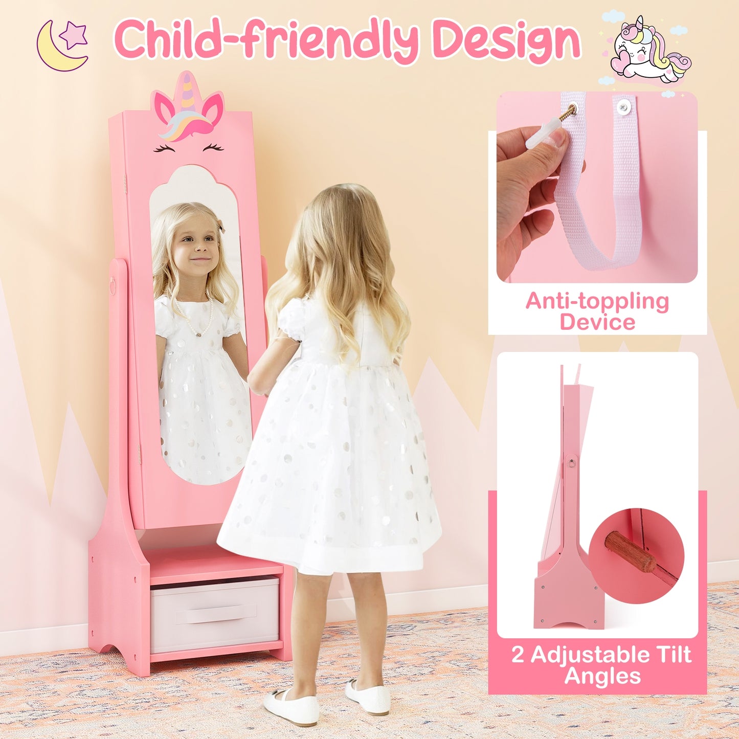 Kids Jewelry Cabinet with Full-Length Mirror for Kids Bedroom and Playroom, Pink Kids Vanities at Gallery Canada