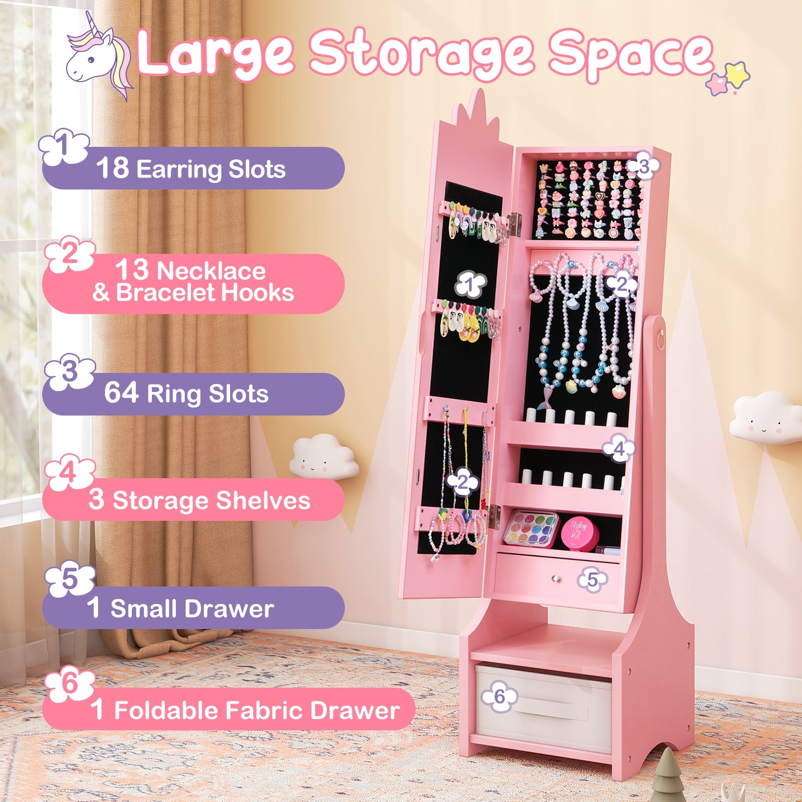 Kids Jewelry Cabinet with Full-Length Mirror for Kids Bedroom and Playroom, Pink Kids Vanities at Gallery Canada