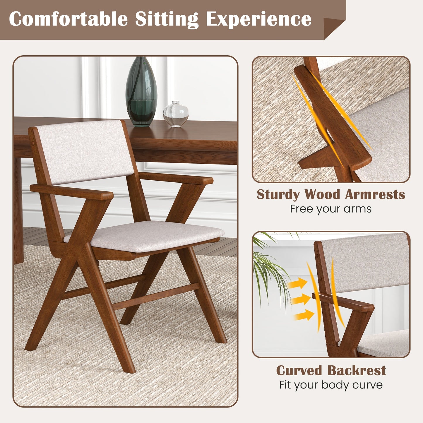 Wooden Dining Chair with Rubber Wood Frame Set of 2, Walnut Dining Chairs at Gallery Canada