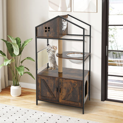 Cat Tree with Litter Box Enclosure Industrial Cat Tower Multi-level Cat Condo Furniture for Indoor Cats, Rustic Brown Cat Trees Condos & Scratchers at Gallery Canada