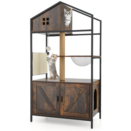 Cat Tree with Litter Box Enclosure Industrial Cat Tower Multi-level Cat Condo Furniture for Indoor Cats, Rustic Brown