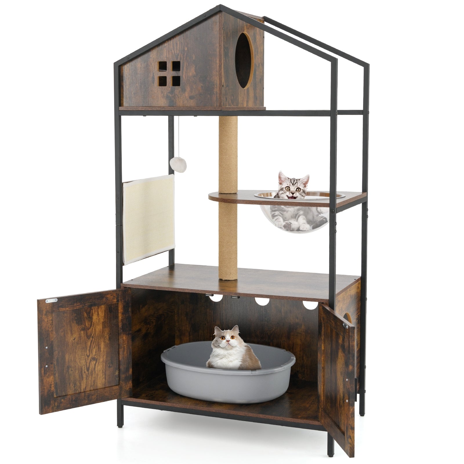 Cat Tree with Litter Box Enclosure Industrial Cat Tower Multi-level Cat Condo Furniture for Indoor Cats, Rustic Brown Cat Trees Condos & Scratchers at Gallery Canada