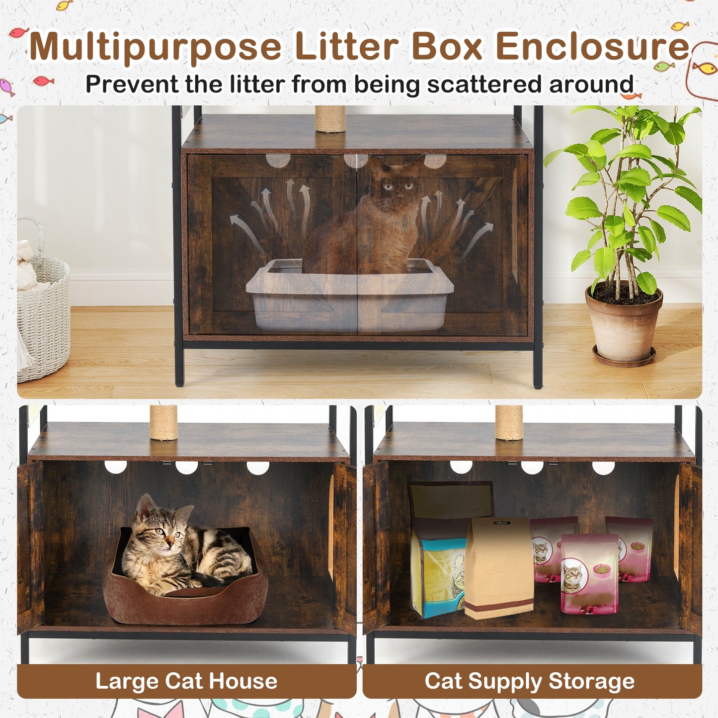 Cat Tree with Litter Box Enclosure Industrial Cat Tower Multi-level Cat Condo Furniture for Indoor Cats, Rustic Brown Cat Trees Condos & Scratchers at Gallery Canada