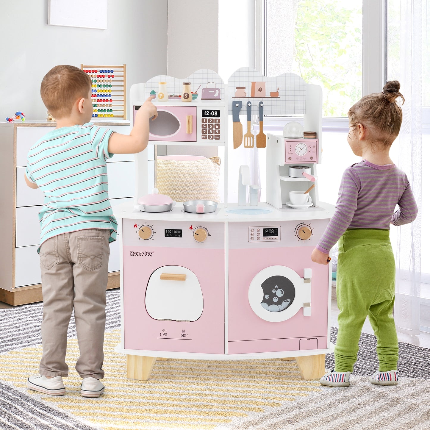 Wooden Kids Kitchen Playset with Coffee Maker for kids, Pink Play Kitchen Sets at Gallery Canada