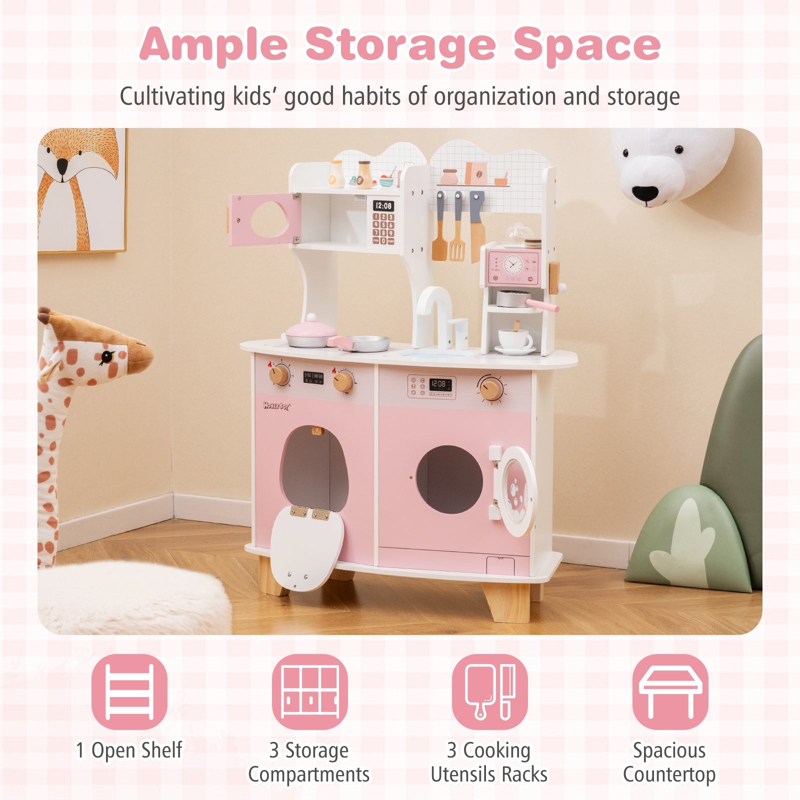 Wooden Kids Kitchen Playset with Coffee Maker for kids, Pink Play Kitchen Sets at Gallery Canada